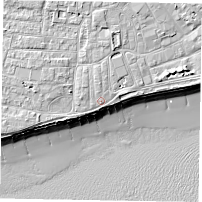 Shaded relief map of the ground around PO211GH, computed from Environment Agency LiDAR. The ground here sits at about 6 m above sea level and falls 10 m across the surrounding 800 m. Surface water reaching this point runs off ground lying to the north, 1.7 m higher.