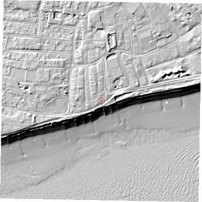 Shaded relief map of the ground around PO211GJ, computed from Environment Agency LiDAR. The ground here sits at about 6 m above sea level and falls 10 m across the surrounding 800 m. Surface water reaching this point runs off ground lying to the north-north-west, 1.6 m higher.