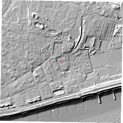 Shaded relief map of the ground around PO211HH, computed from Environment Agency LiDAR. The ground here sits at about 4 m above sea level and falls 12 m across the surrounding 800 m. Surface water reaching this point runs off ground lying to the north-west, 1.4 m higher.