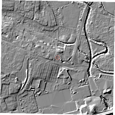 Shaded relief map of the ground around PO211HP, computed from Environment Agency LiDAR. The ground here sits at about 3 m above sea level and falls 8 m across the surrounding 800 m. Surface water reaching this point runs off ground lying to the north-north-west, 1.0 m higher.