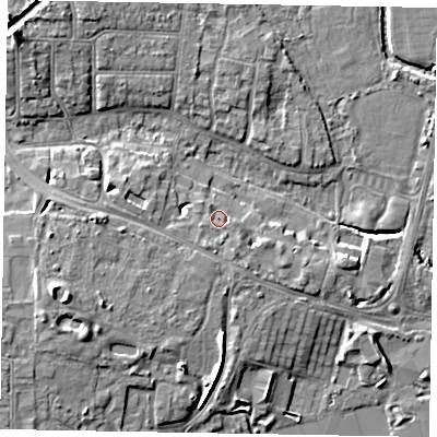 Shaded relief map of the ground around PO211HR, computed from Environment Agency LiDAR. The ground here sits at about 4 m above sea level and falls 10 m across the surrounding 800 m. Surface water reaching this point runs off ground lying to the south-south-west, 2.3 m higher.
