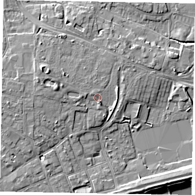 Shaded relief map of the ground around PO211HW, computed from Environment Agency LiDAR. The ground here sits at about 6 m above sea level and falls 11 m across the surrounding 800 m. Surface water reaching this point runs off ground lying to the west-north-west, 3.2 m higher.