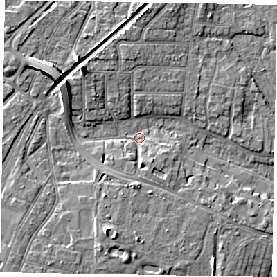 Shaded relief map of the ground around PO211HX, computed from Environment Agency LiDAR. The ground here sits at about 3 m above sea level and falls 10 m across the surrounding 800 m. Surface water reaching this point runs off ground lying to the north-west, 8.7 m higher.