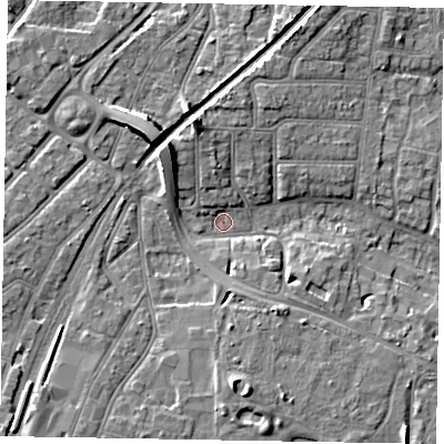 Shaded relief map of the ground around PO211JA, computed from Environment Agency LiDAR. The ground here sits at about 3 m above sea level and falls 10 m across the surrounding 800 m. Surface water reaching this point runs off ground lying to the north-west, 8.2 m higher.