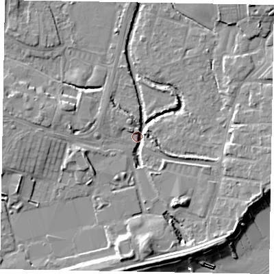 Shaded relief map of the ground around PO211JH, computed from Environment Agency LiDAR. The ground here sits at about 2 m above sea level and falls 11 m across the surrounding 800 m. Surface water reaching this point runs off ground lying to the south, 8.8 m higher.