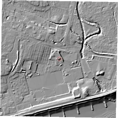 Shaded relief map of the ground around PO211JJ, computed from Environment Agency LiDAR. The ground here sits at about 3 m above sea level and falls 11 m across the surrounding 800 m. Surface water reaching this point runs off ground lying to the north, 1.6 m higher.