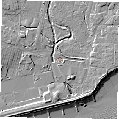 Shaded relief map of the ground around PO211JL, computed from Environment Agency LiDAR. The ground here sits at about 2 m above sea level and falls 11 m across the surrounding 800 m. Surface water reaching this point runs off ground lying to the east-south-east, 4.2 m higher.
