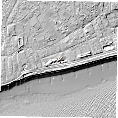 Shaded relief map of the ground around PO211JN, computed from Environment Agency LiDAR. The ground here sits at about 6 m above sea level and falls 11 m across the surrounding 800 m. Surface water reaching this point runs off ground lying to the west-south-west, 2.3 m higher.