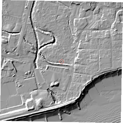 Shaded relief map of the ground around PO211JP, computed from Environment Agency LiDAR. The ground here sits at about 2 m above sea level and falls 11 m across the surrounding 800 m. Surface water reaching this point runs off ground lying to the south-east, 2.3 m higher.