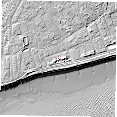 Shaded relief map of the ground around PO211JW, computed from Environment Agency LiDAR. The ground here sits at about 5 m above sea level and falls 10 m across the surrounding 800 m. Surface water reaching this point runs off ground lying to the south-south-east, 2.2 m higher.