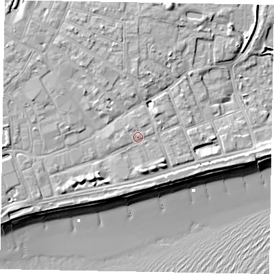 Shaded relief map of the ground around PO211LE, computed from Environment Agency LiDAR. The ground here sits at about 6 m above sea level and falls 11 m across the surrounding 800 m. Surface water reaching this point runs off ground lying to the north-west, 1.0 m higher.