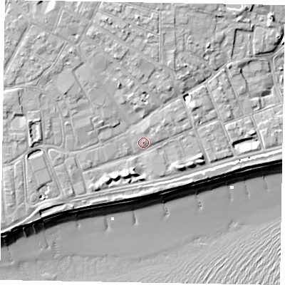 Shaded relief map of the ground around PO211LH, computed from Environment Agency LiDAR. The ground here sits at about 5 m above sea level and falls 11 m across the surrounding 800 m. Surface water reaching this point runs off ground lying to the north-north-west, 4.0 m higher.