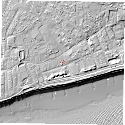 Shaded relief map of the ground around PO211LW, computed from Environment Agency LiDAR. The ground here sits at about 5 m above sea level and falls 11 m across the surrounding 800 m. Surface water reaching this point runs off ground lying to the north, 4.0 m higher.