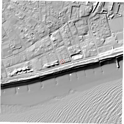 Shaded relief map of the ground around PO211LX, computed from Environment Agency LiDAR. The ground here sits at about 5 m above sea level and falls 11 m across the surrounding 800 m. Surface water reaching this point runs off ground lying to the west-south-west, 2.3 m higher.