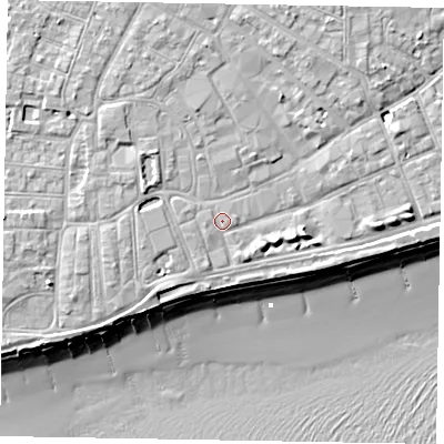 Shaded relief map of the ground around PO211LZ, computed from Environment Agency LiDAR. The ground here sits at about 6 m above sea level and falls 10 m across the surrounding 800 m. Surface water reaching this point runs off ground lying to the west-north-west, 1.1 m higher.