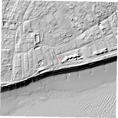 Shaded relief map of the ground around PO211NA, computed from Environment Agency LiDAR. The ground here sits at about 6 m above sea level and falls 10 m across the surrounding 800 m. Surface water reaching this point runs off ground lying to the west-north-west, 1.0 m higher.
