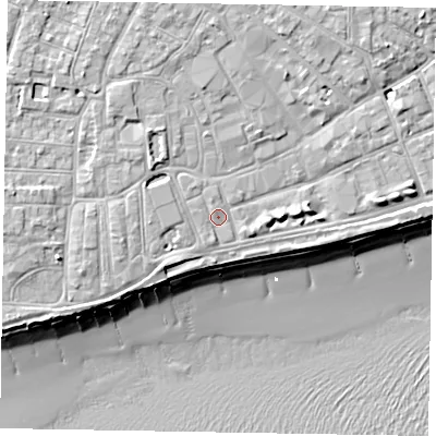 Shaded relief map of the ground around PO211NB, computed from Environment Agency LiDAR. The ground here sits at about 6 m above sea level and falls 10 m across the surrounding 800 m. Surface water reaching this point runs off ground lying to the west-north-west, 1.0 m higher.