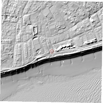 Shaded relief map of the ground around PO211NE, computed from Environment Agency LiDAR. The ground here sits at about 6 m above sea level and falls 10 m across the surrounding 800 m. Surface water reaching this point runs off ground lying to the east-north-east, 1.0 m higher.