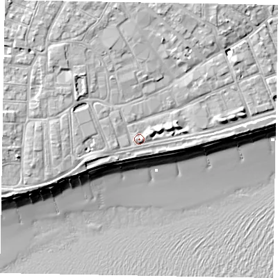 Shaded relief map of the ground around PO211NF, computed from Environment Agency LiDAR. The ground here sits at about 6 m above sea level and falls 10 m across the surrounding 800 m. Surface water reaching this point runs off ground lying to the south-east, 1.1 m higher.