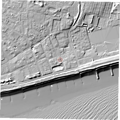 Shaded relief map of the ground around PO211NP, computed from Environment Agency LiDAR. The ground here sits at about 4 m above sea level and falls 11 m across the surrounding 800 m. Surface water reaching this point runs off ground lying to the west-south-west, 3.3 m higher.