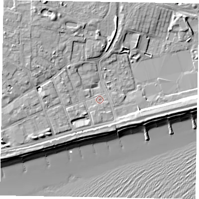 Shaded relief map of the ground around PO211NS, computed from Environment Agency LiDAR. The ground here sits at about 4 m above sea level and falls 12 m across the surrounding 800 m. Surface water reaching this point runs off ground lying to the north-north-west, 6.0 m higher.