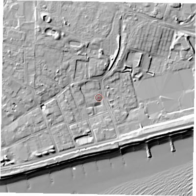 Shaded relief map of the ground around PO211NT, computed from Environment Agency LiDAR. The ground here sits at about 4 m above sea level and falls 12 m across the surrounding 800 m. Surface water reaching this point runs off ground lying to the north-west, 6.9 m higher.