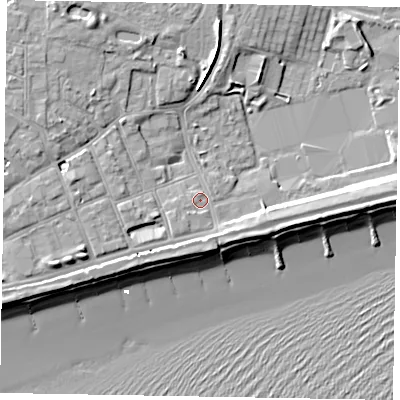 Shaded relief map of the ground around PO211NU, computed from Environment Agency LiDAR. The ground here sits at about 4 m above sea level and falls 11 m across the surrounding 800 m. Surface water reaching this point runs off ground lying to the west-south-west, 3.4 m higher.