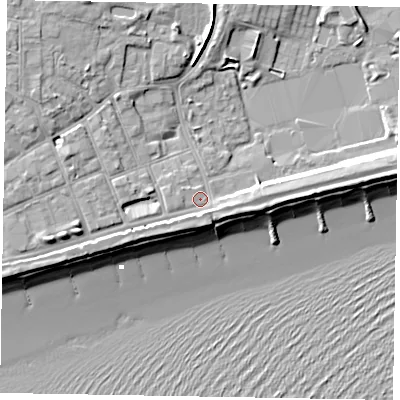 Shaded relief map of the ground around PO211NX, computed from Environment Agency LiDAR. The ground here sits at about 4 m above sea level and falls 11 m across the surrounding 800 m. Surface water reaching this point runs off ground lying to the west-south-west, 3.3 m higher.