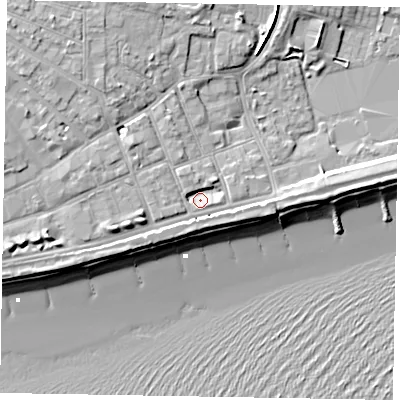 Shaded relief map of the ground around PO211NY, computed from Environment Agency LiDAR. The ground here sits at about 4 m above sea level and falls 11 m across the surrounding 800 m. Surface water reaching this point runs off ground lying to the west-south-west, 2.3 m higher.