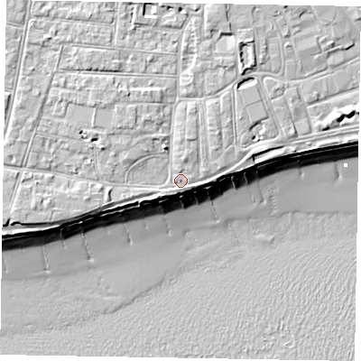 Shaded relief map of the ground around PO211RD, computed from Environment Agency LiDAR. The ground here sits at about 5 m above sea level and falls 10 m across the surrounding 800 m. Surface water reaching this point runs off ground lying to the north-north-east, 2.7 m higher.