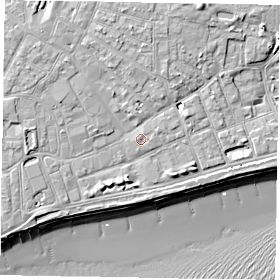 Shaded relief map of the ground around PO211RJ, computed from Environment Agency LiDAR. The ground here sits at about 6 m above sea level and falls 11 m across the surrounding 800 m. Surface water reaching this point runs off ground lying to the east, 0.7 m higher.