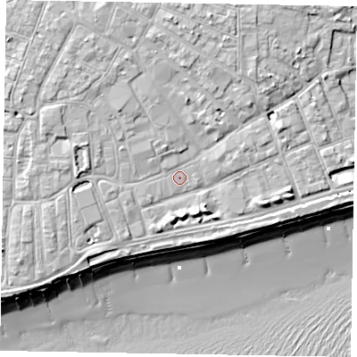 Shaded relief map of the ground around PO211RR, computed from Environment Agency LiDAR. The ground here sits at about 5 m above sea level and falls 11 m across the surrounding 800 m. Surface water reaching this point runs off ground lying to the west-north-west, 2.8 m higher.