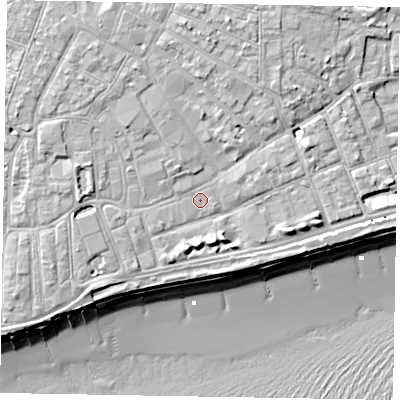 Shaded relief map of the ground around PO211RS, computed from Environment Agency LiDAR. The ground here sits at about 5 m above sea level and falls 11 m across the surrounding 800 m. Surface water reaching this point runs off ground lying to the north, 3.3 m higher.