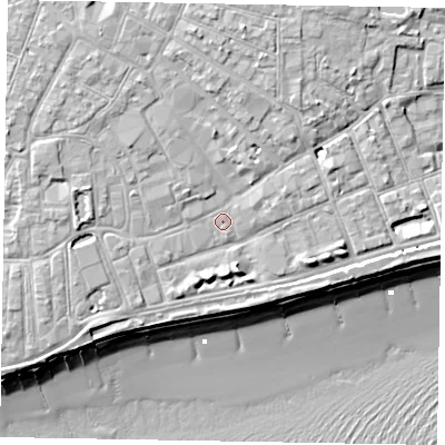 Shaded relief map of the ground around PO211RW, computed from Environment Agency LiDAR. The ground here sits at about 5 m above sea level and falls 11 m across the surrounding 800 m. Surface water reaching this point runs off ground lying to the north, 3.4 m higher.