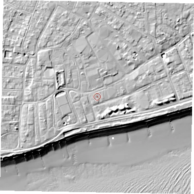 Shaded relief map of the ground around PO211RX, computed from Environment Agency LiDAR. The ground here sits at about 6 m above sea level and falls 11 m across the surrounding 800 m. Surface water reaching this point runs off ground lying to the south, 0.5 m higher.