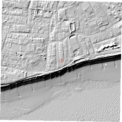 Shaded relief map of the ground around PO211SB, computed from Environment Agency LiDAR. The ground here sits at about 6 m above sea level and falls 10 m across the surrounding 800 m. Surface water reaching this point runs off ground lying to the north, 1.1 m higher.