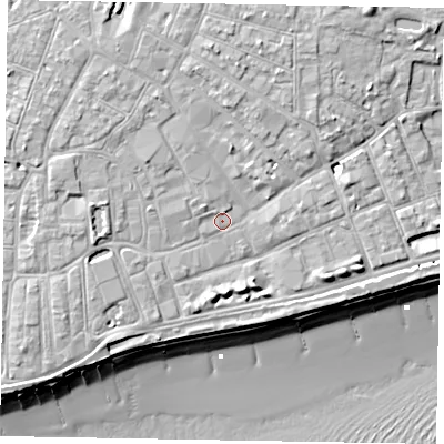 Shaded relief map of the ground around PO211SP, computed from Environment Agency LiDAR. The ground here sits at about 5 m above sea level and falls 11 m across the surrounding 800 m. Surface water reaching this point runs off ground lying to the north, 3.3 m higher.