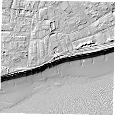 Shaded relief map of the ground around PO211SY, computed from Environment Agency LiDAR. The ground here sits at about 5 m above sea level and falls 10 m across the surrounding 800 m. Surface water reaching this point runs off ground lying to the west-north-west, 1.8 m higher.