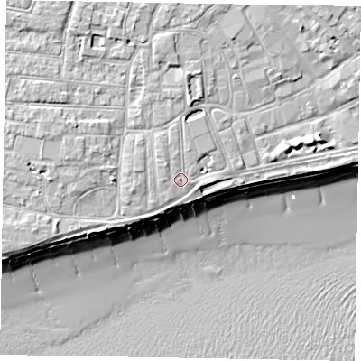 Shaded relief map of the ground around PO211TA, computed from Environment Agency LiDAR. The ground here sits at about 6 m above sea level and falls 10 m across the surrounding 800 m. Surface water reaching this point runs off ground lying to the north-north-west, 1.1 m higher.