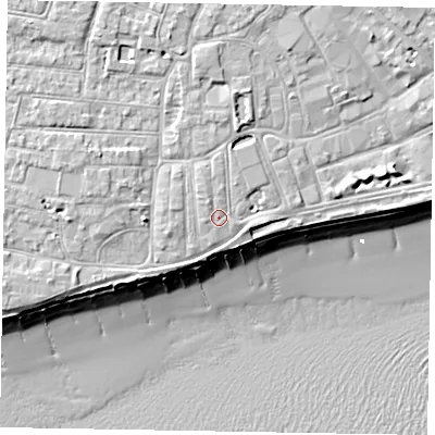 Shaded relief map of the ground around PO211TB, computed from Environment Agency LiDAR. The ground here sits at about 6 m above sea level and falls 10 m across the surrounding 800 m. Surface water reaching this point runs off ground lying to the north-north-west, 0.9 m higher.