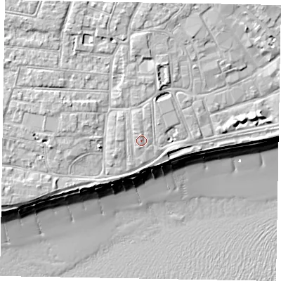 Shaded relief map of the ground around PO211TD, computed from Environment Agency LiDAR. The ground here sits at about 6 m above sea level and falls 10 m across the surrounding 800 m. Surface water reaching this point runs off ground lying to the north, 0.8 m higher.