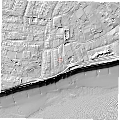 Shaded relief map of the ground around PO211TE, computed from Environment Agency LiDAR. The ground here sits at about 6 m above sea level and falls 10 m across the surrounding 800 m. Surface water reaching this point runs off ground lying to the north-west, 0.7 m higher.