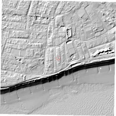 Shaded relief map of the ground around PO211TP, computed from Environment Agency LiDAR. The ground here sits at about 6 m above sea level and falls 10 m across the surrounding 800 m. Surface water reaching this point runs off ground lying to the north, 0.7 m higher.