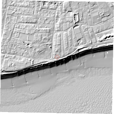 Shaded relief map of the ground around PO211TR, computed from Environment Agency LiDAR. The ground here sits at about 5 m above sea level and falls 10 m across the surrounding 800 m. Surface water reaching this point runs off ground lying to the north-north-east, 1.7 m higher.