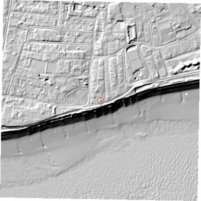 Shaded relief map of the ground around PO211TS, computed from Environment Agency LiDAR. The ground here sits at about 5 m above sea level and falls 10 m across the surrounding 800 m. Surface water reaching this point runs off ground lying to the north-north-east, 1.7 m higher.