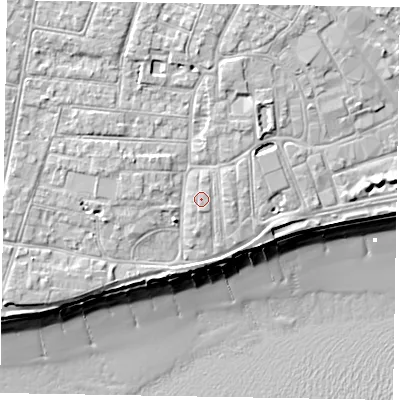 Shaded relief map of the ground around PO211UA, computed from Environment Agency LiDAR. The ground here sits at about 6 m above sea level and falls 10 m across the surrounding 800 m. The ground contributing surface water to this point lies to the north-north-east.