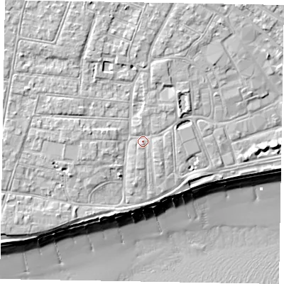 Shaded relief map of the ground around PO211UB, computed from Environment Agency LiDAR. The ground here sits at about 6 m above sea level and falls 10 m across the surrounding 800 m. Surface water reaching this point runs off ground lying to the north-east, 1.5 m higher.