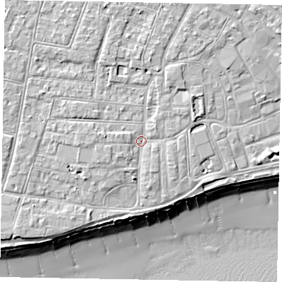 Shaded relief map of the ground around PO211UD, computed from Environment Agency LiDAR. The ground here sits at about 6 m above sea level and falls 10 m across the surrounding 800 m. Surface water reaching this point runs off ground lying to the north-north-east, 2.3 m higher.