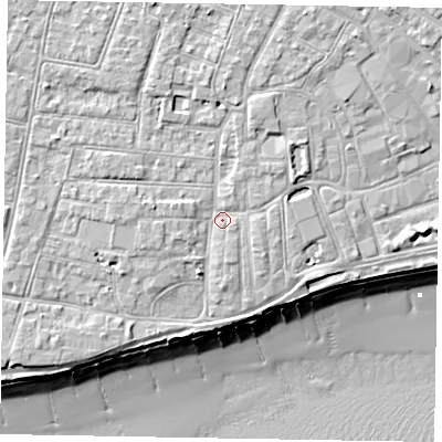Shaded relief map of the ground around PO211UE, computed from Environment Agency LiDAR. The ground here sits at about 6 m above sea level and falls 10 m across the surrounding 800 m. Surface water reaching this point runs off ground lying to the north-north-west, 2.2 m higher.