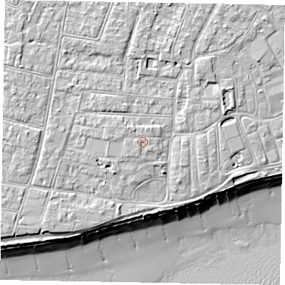Shaded relief map of the ground around PO211UH, computed from Environment Agency LiDAR. The ground here sits at about 6 m above sea level and falls 10 m across the surrounding 800 m. Surface water reaching this point runs off ground lying to the north-west, 0.7 m higher.